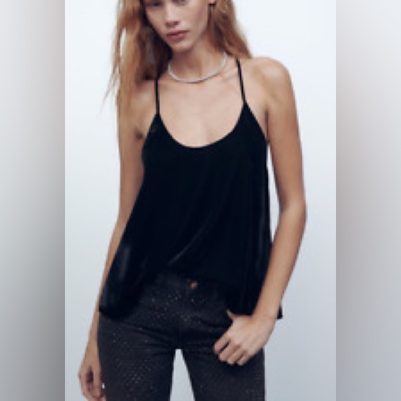 Zara Black Velvet Scoop Neck Strappy Tank Size L NWOT - Picture 2 of 4